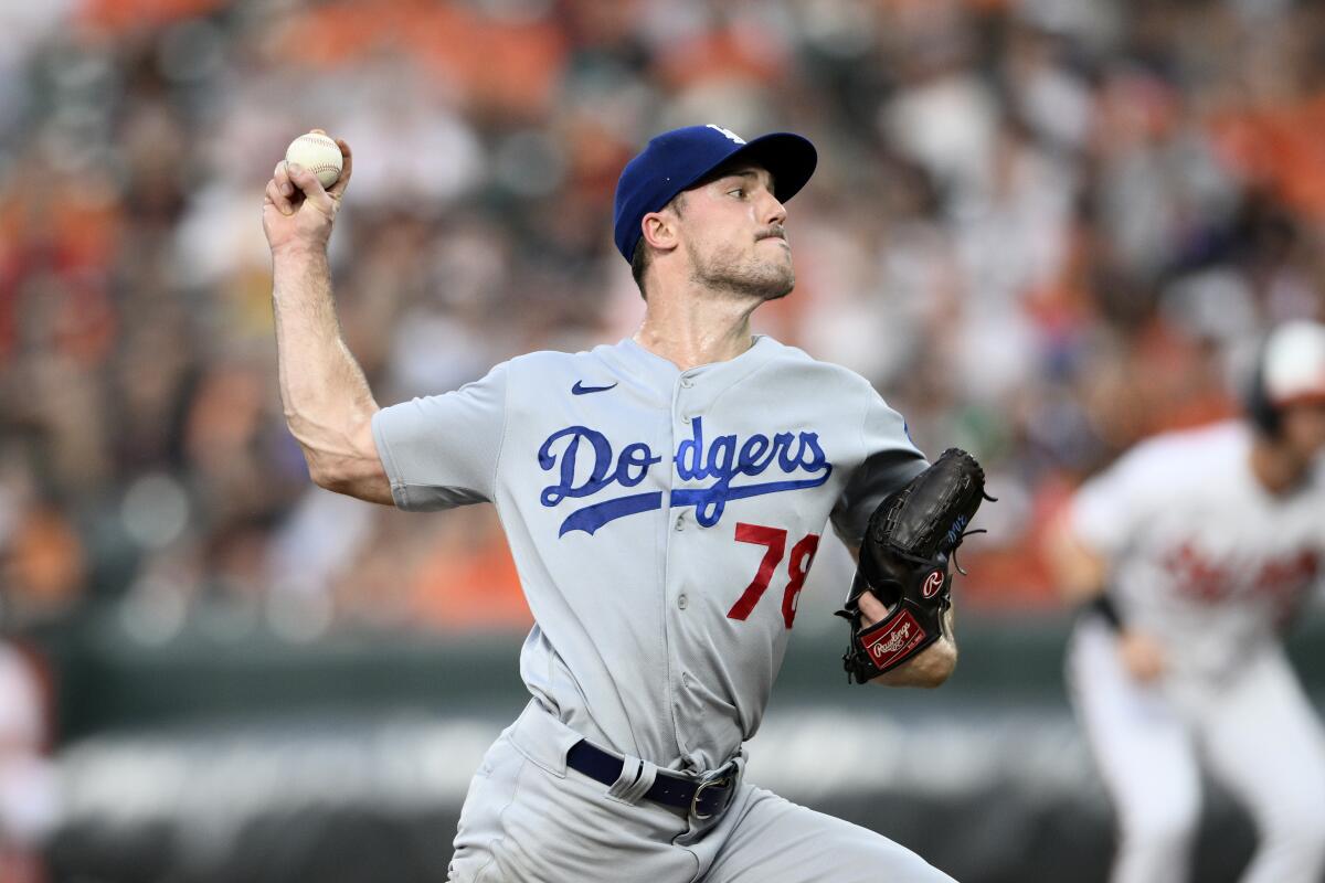 Los Angeles Dodgers starting pitcher Michael Grove delivers against the Orioles.