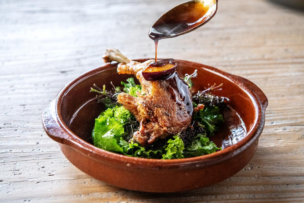 BRENTWOOD, CA - OCTOBER 04: Duck confit from AOC on Monday, Oct. 4, 2021 in Brentwood, CA. (Mariah Tauger / Los Angeles Times)