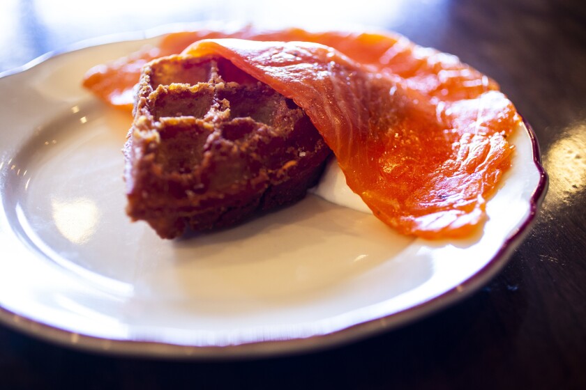 cured sea trout pairs with a crispy potato latke at Freedman's.'s.