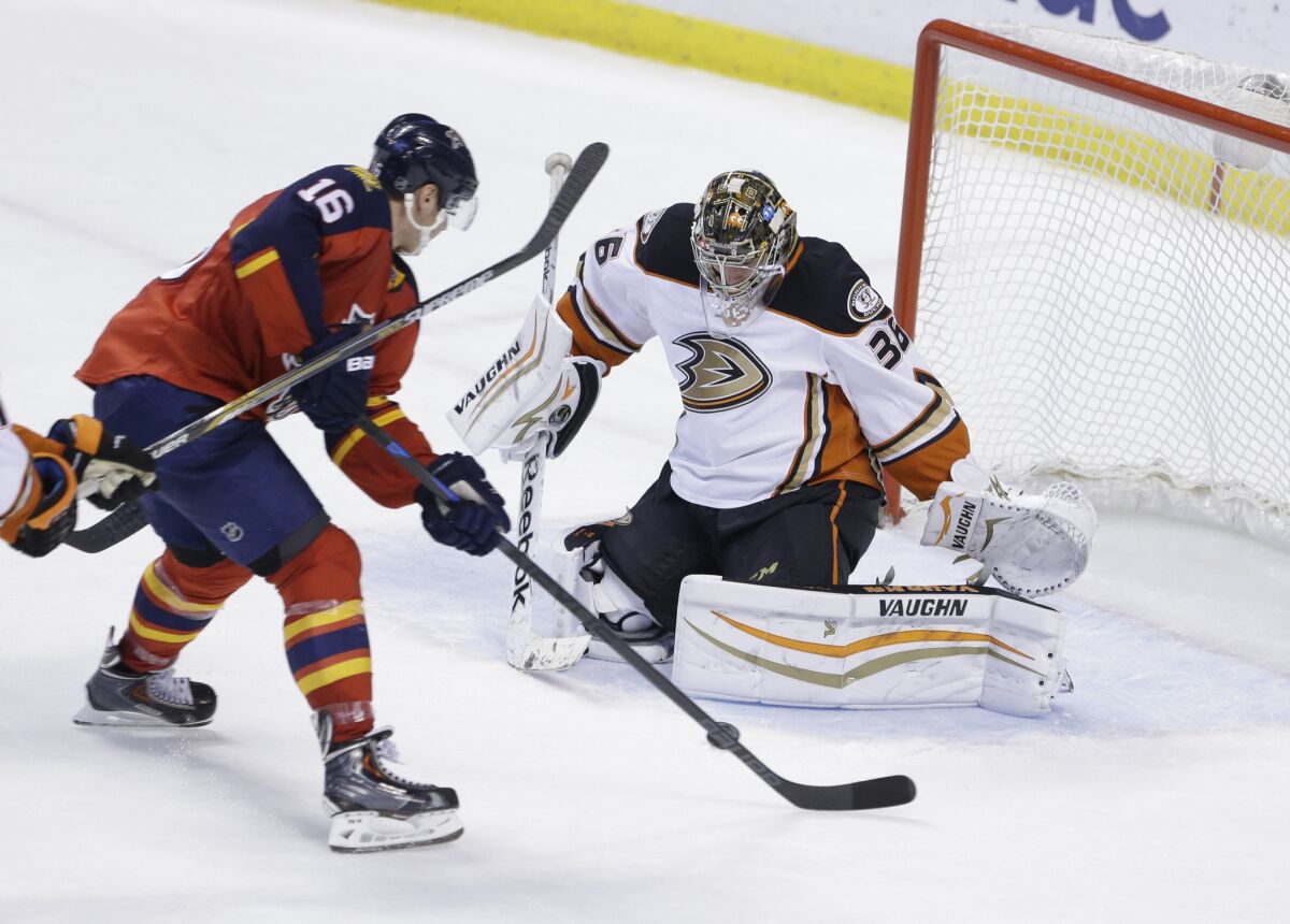Florida center Aleksander Barkov shoots and scores against Ducks goalie John Gibson during the second period of a game Tuesday. The Ducks lost to the Panthers, 6-2.