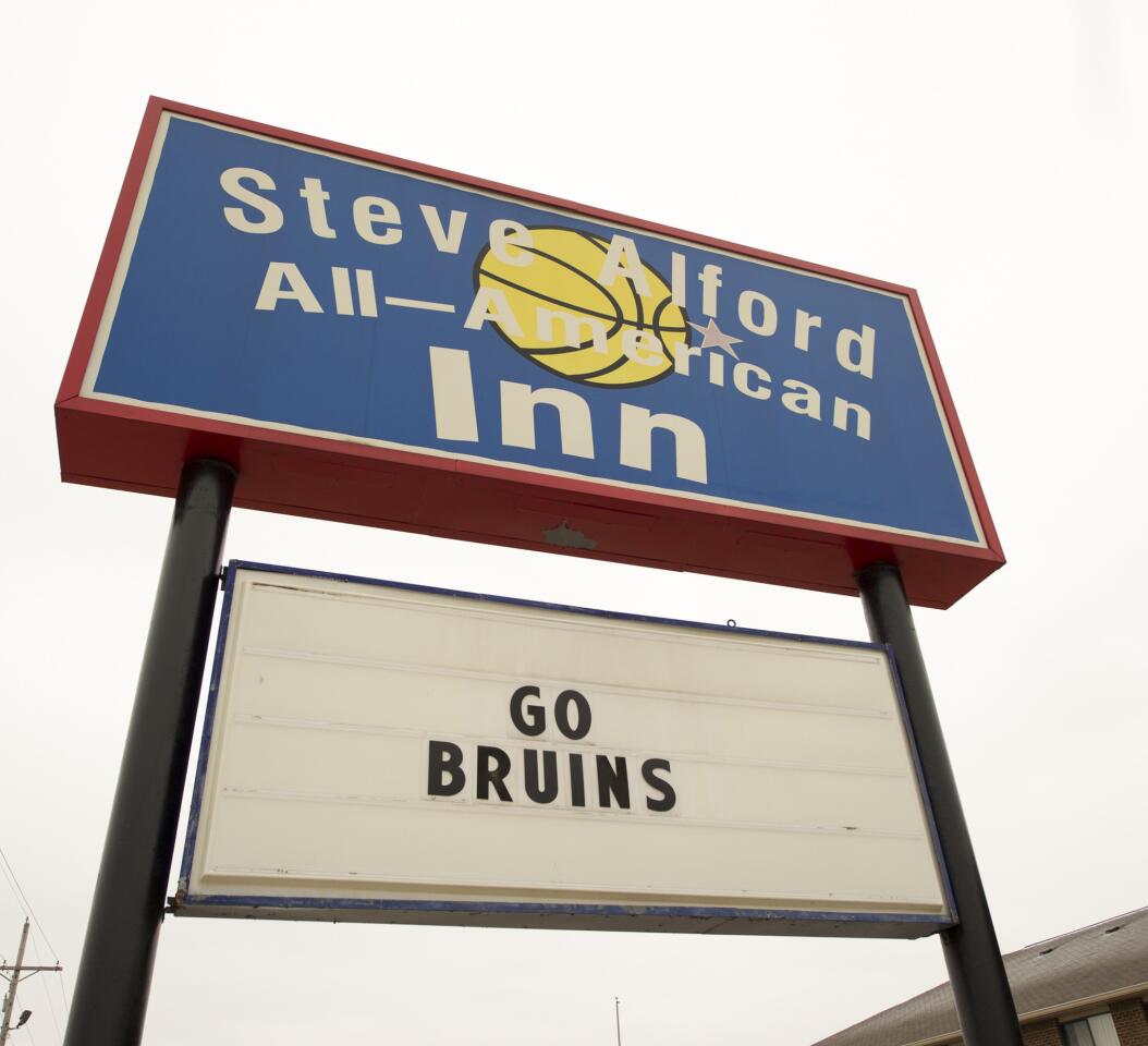 The Steve Alford All-American Inn marquee shows the 55-room hotel's enthusiasm for UCLA basketball where Steve Alford currently coaches.