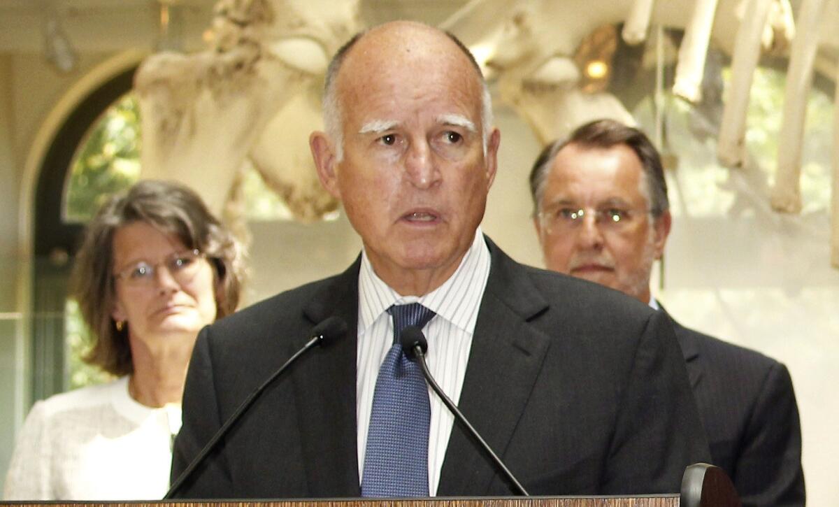 Standing in front of prehistoric mastodon bones found in Southern California in 2001, California Gov. Jerry Brown speaks at a news conference at the Natural History Museum of Los Angeles County in Los Angeles Monday, June 15, 2015. Brown says he wants California's plan to reduce greenhouse gas emissions to be a model when global leaders meet to try and fashion a universal agreement to combat climate change. Brown also met with leading scientists to discuss the impacts of global warming and the need for action at all levels of government.(AP Photo/Matt Hartman)