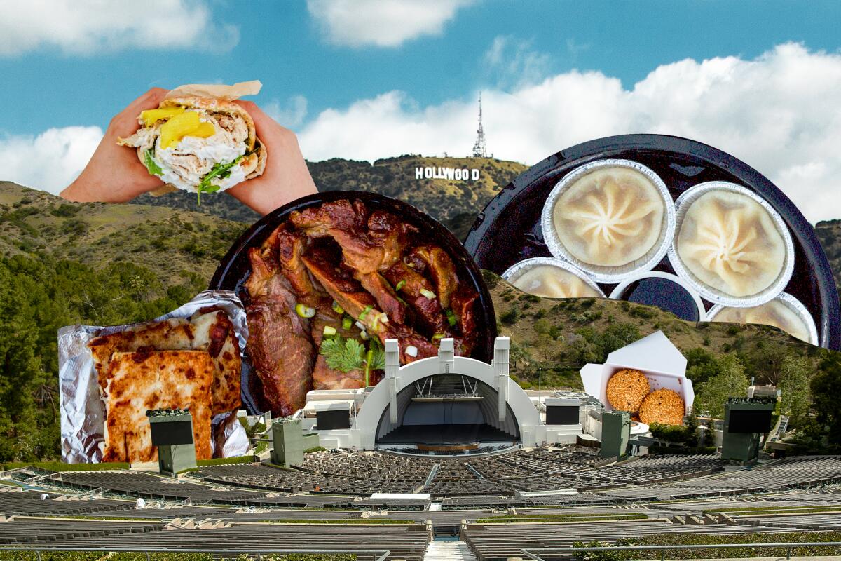A photo collage of the Hollywood Bowl surrounded by giant bowls of food.