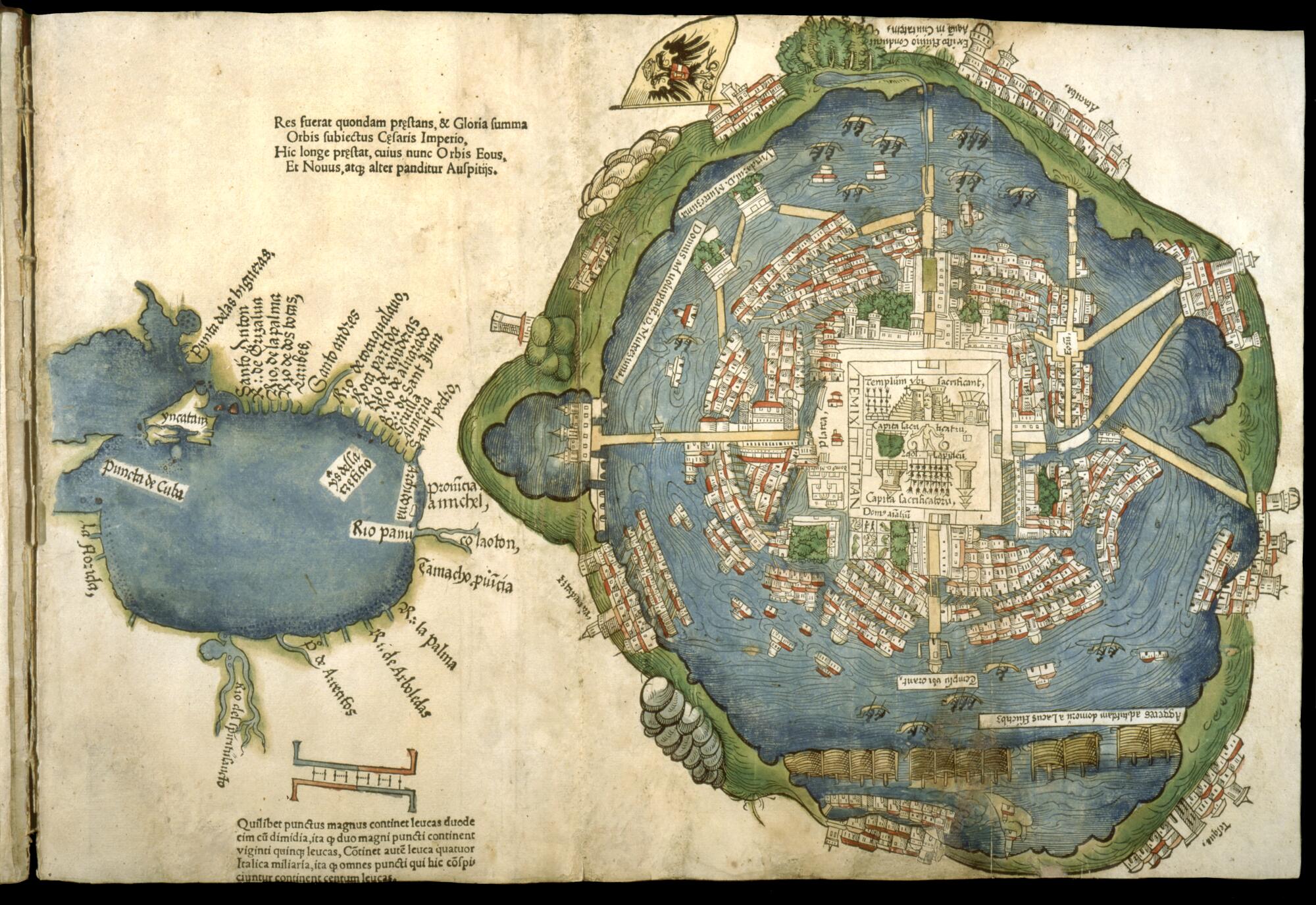 Colonial-era map of Mexico City, set on an island in the center of a lake.