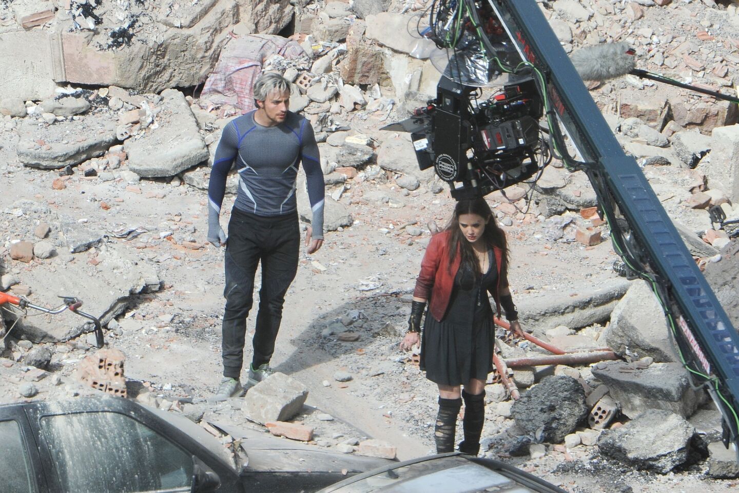 Elizabeth Olsen and Aaron Taylor-Johnson film on location in Pont-Saint-Martin in Aosta, Italy, for "Avengers: Age of Ultron."
