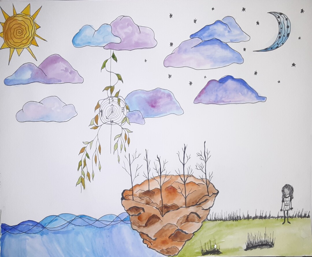 watercolor girl in nature next to a dirt boat laden with leafless trees under blue and purple clouds