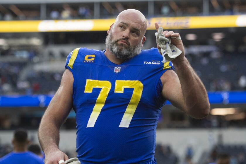 Los Angeles Rams offensive tackle Andrew Whitworth (77) walks back to the locker room.