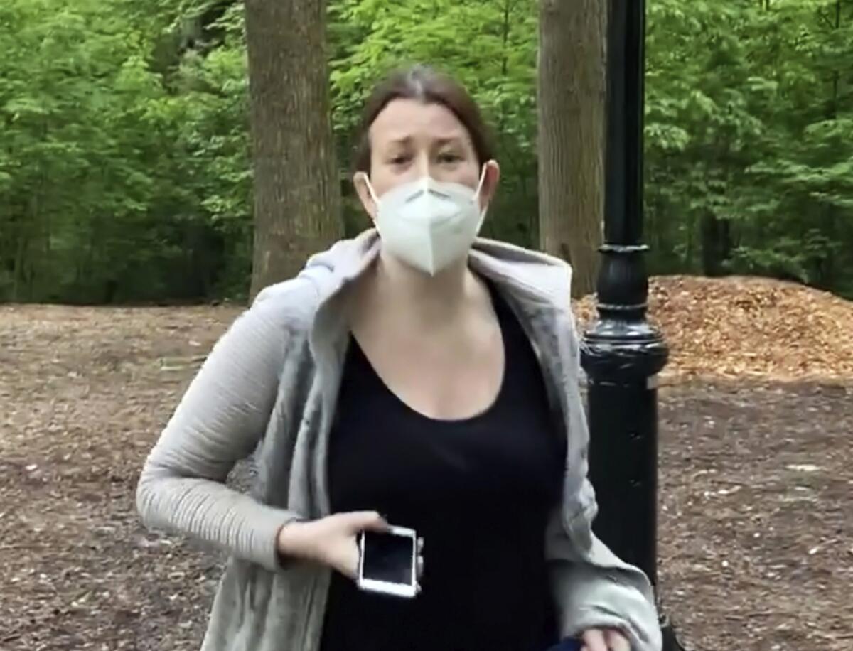 Amy Cooper in video made by a Black birdwatcher in Central Park as she calls 911