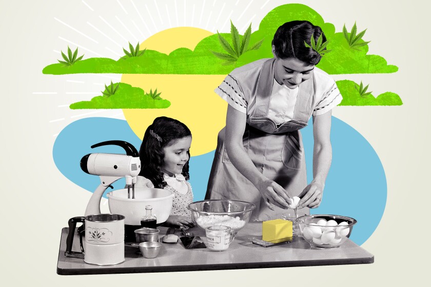 Photo illustration of a mother and daughter making food. A green cloud with marijuana leaves behind the mother.