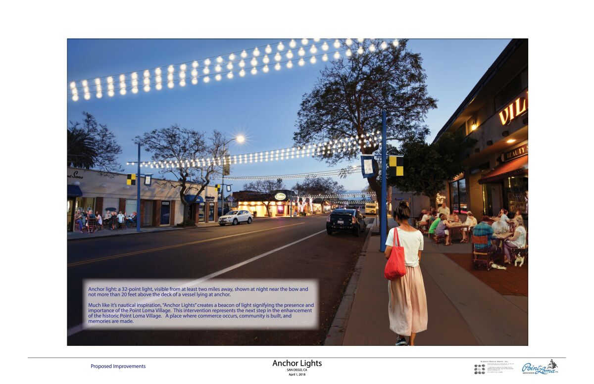 Architect’s rendering of the ‘Anchor Lights’ streetscape project proposed by the Point Loma Association to beautify Rosecrans Street.