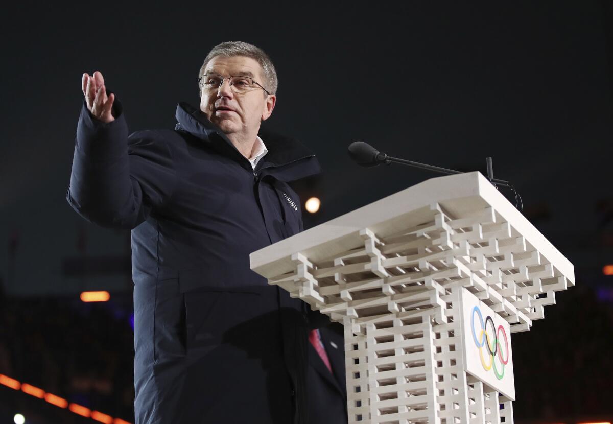 Thomas Bach, president of the International Olympic Committee, speaks during the opening ceremony of the 2018 Winter Olympics.