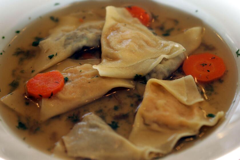 105410.fo.1209.kreplach8.gf Kreplach (Jewish ravioli) is photographed in chicken broth after it was boiled. It was prepared by chef Don Dickman: he demonstrated how to make kreplach at a friend's house on 12/9/05.