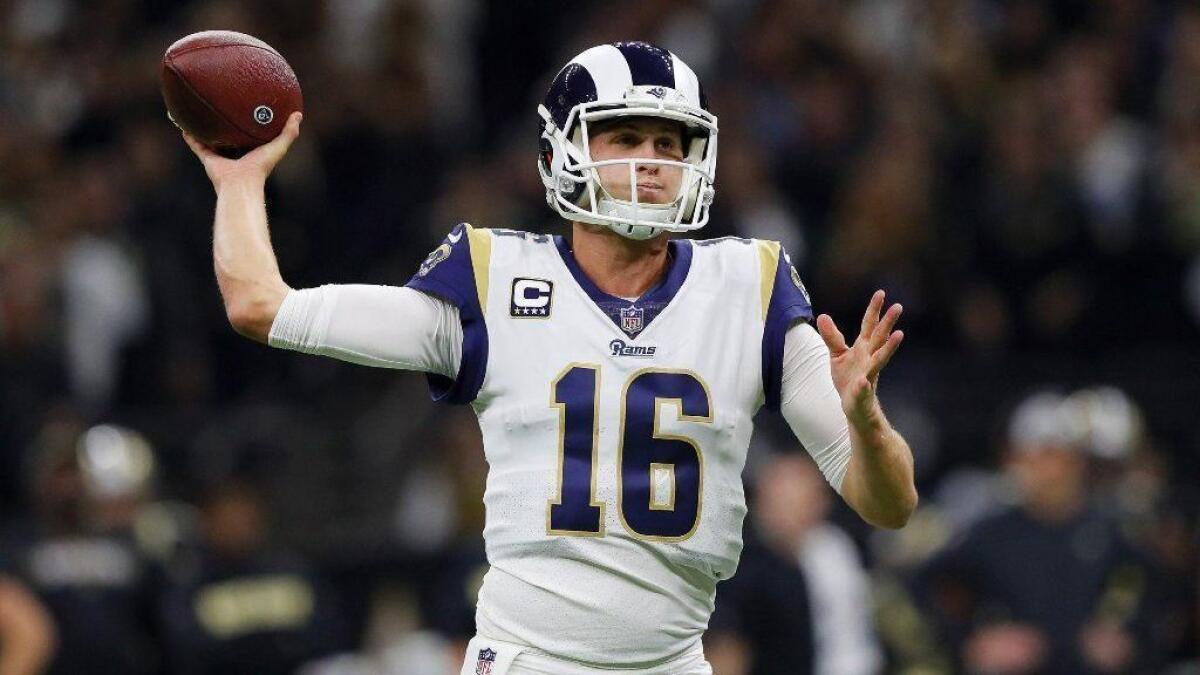Rams quarterback Jared Goff throws a pass against the Saints in the NFC championship game.