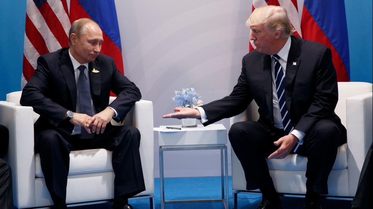 President Donald Trump meets with Russian President Vladimir Putin at the G20 Summit on July 7, 2017, in Hamburg, Germany.