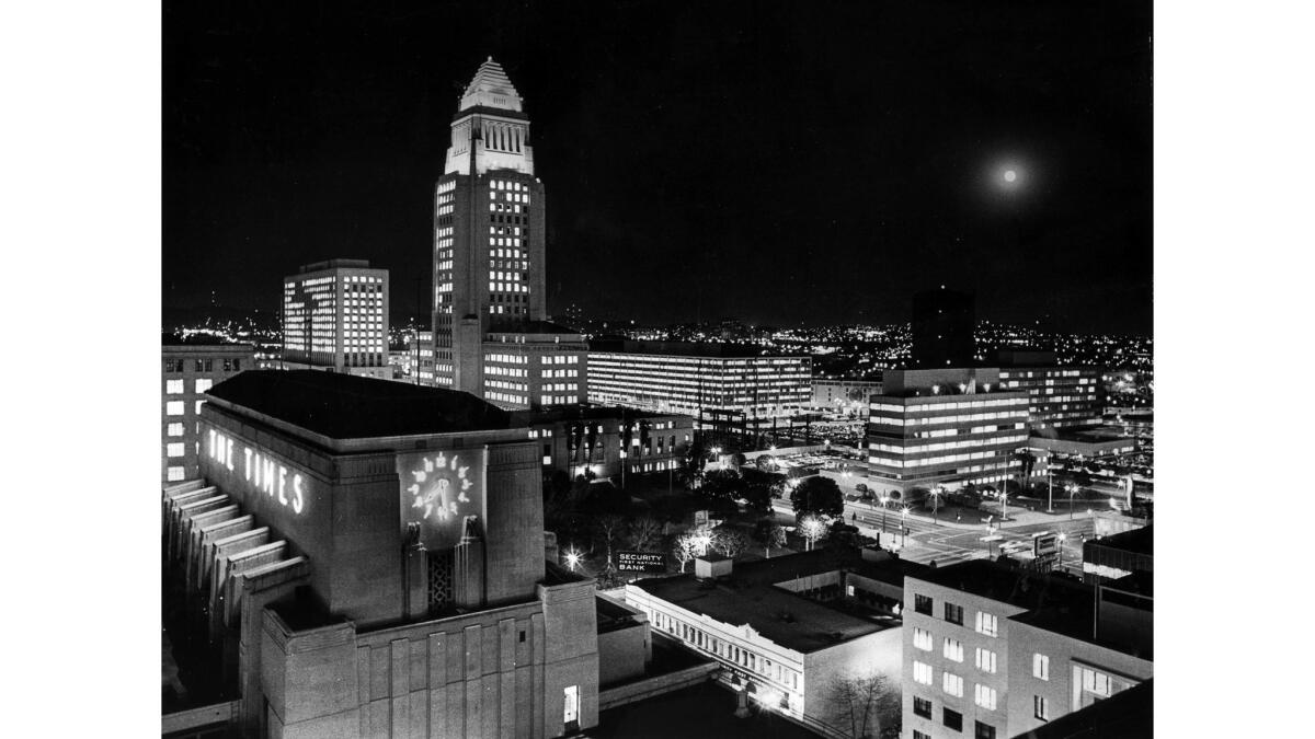 Feb. 4, 1969: Los Angeles City Hall and Los Angeles Times building at night.