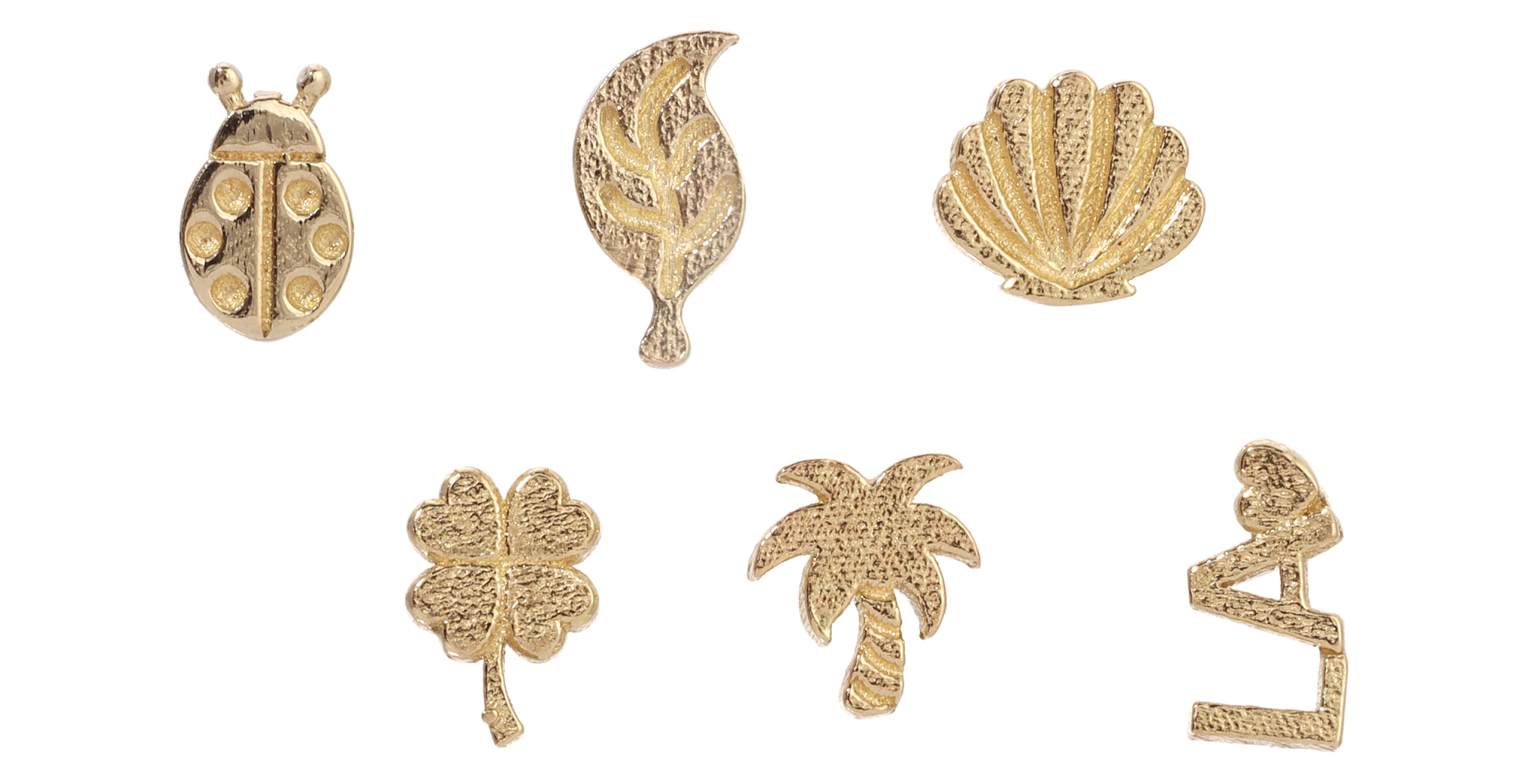 Jennie Kwon gold studs in the shape of a beetle, leaf, seashell, four-leaf clover, palm tree and L.A. letters with a heart