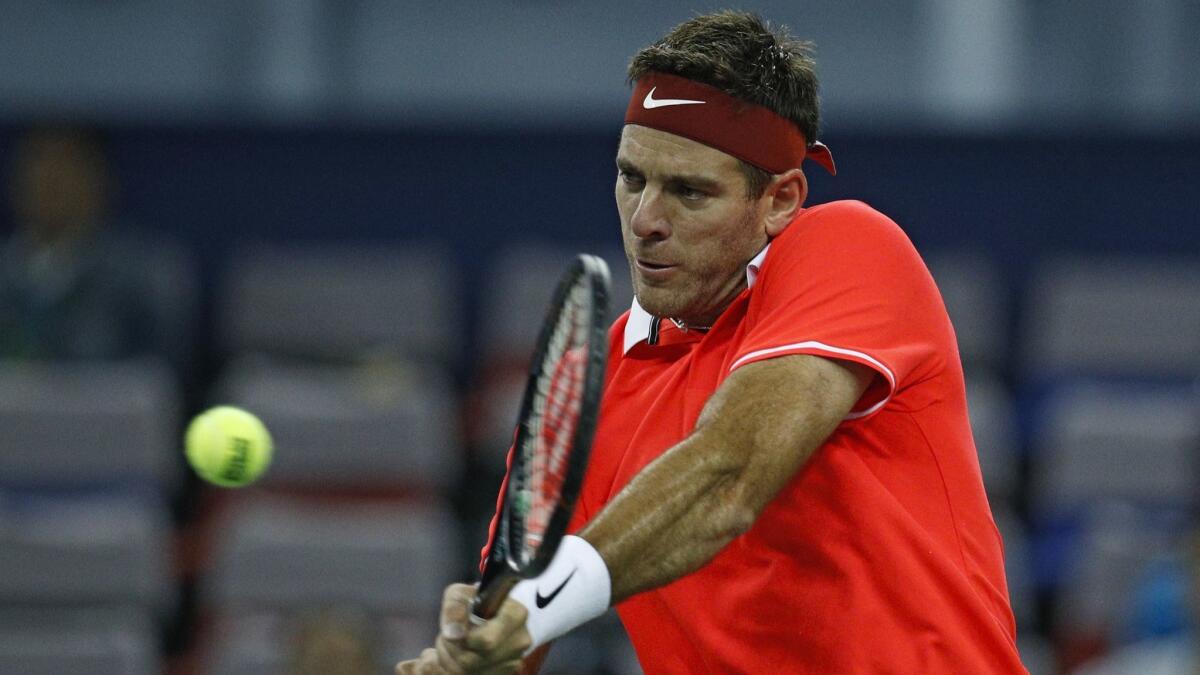 Juan Martin Del Potro of Argentina hits a return during his match against Borna Coric at the Shanghai Masters tournament in October.