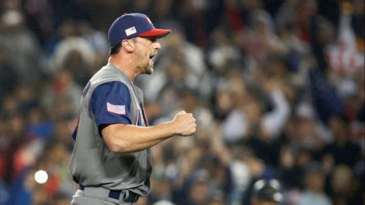 U.S. reliever Luke Gregerson celebrates after striking out Japan's Nobuhiro Matsuda in the ninth inning of a semifinal game of the World Baseball Classic on March 21 at Dodger Stadium.
