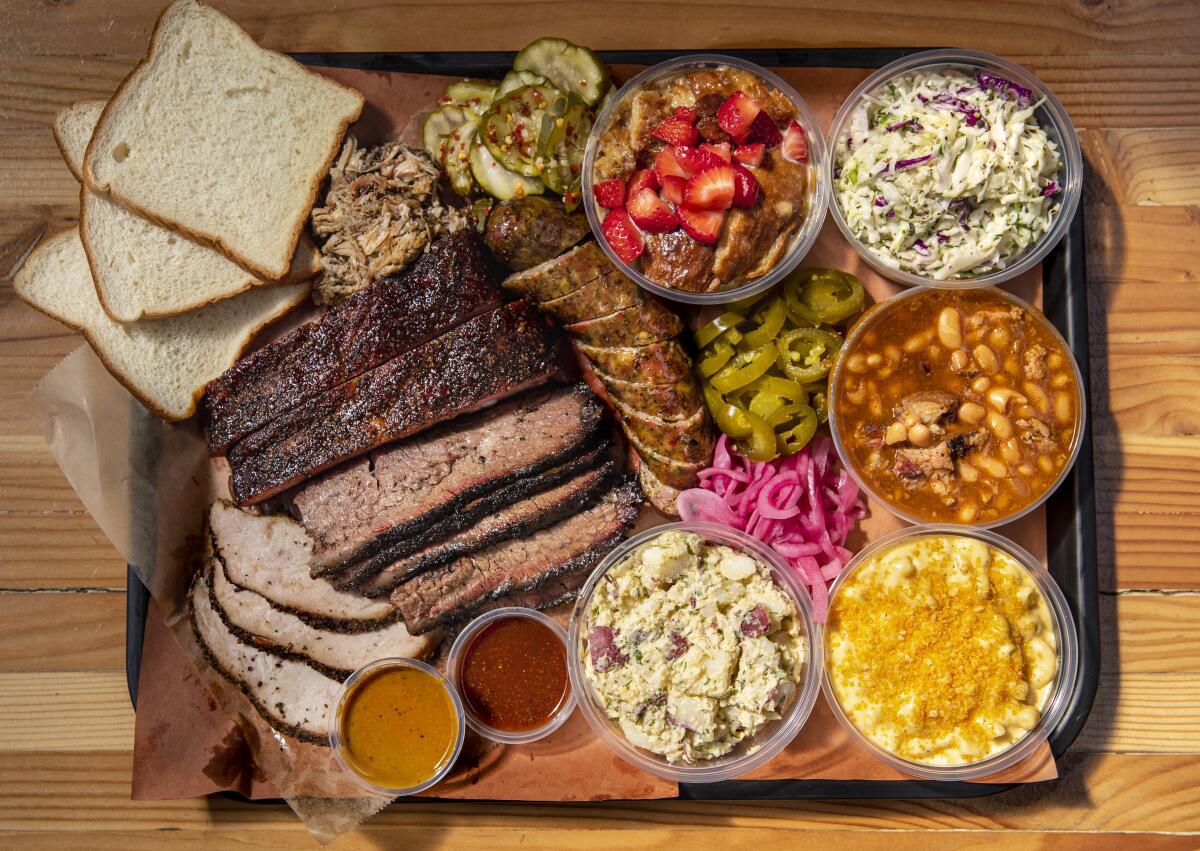 A sampling of meats and sides from Moo's Craft Barbecue.