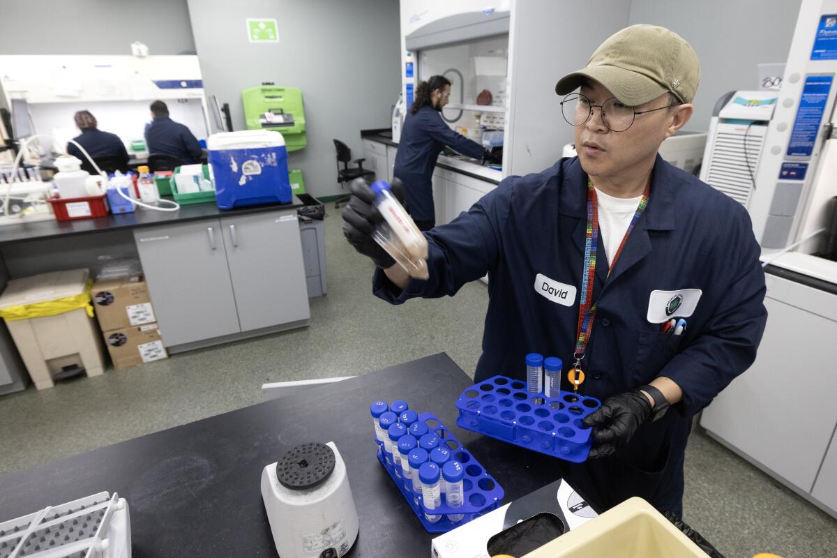 A man holds a tray with test tubes.