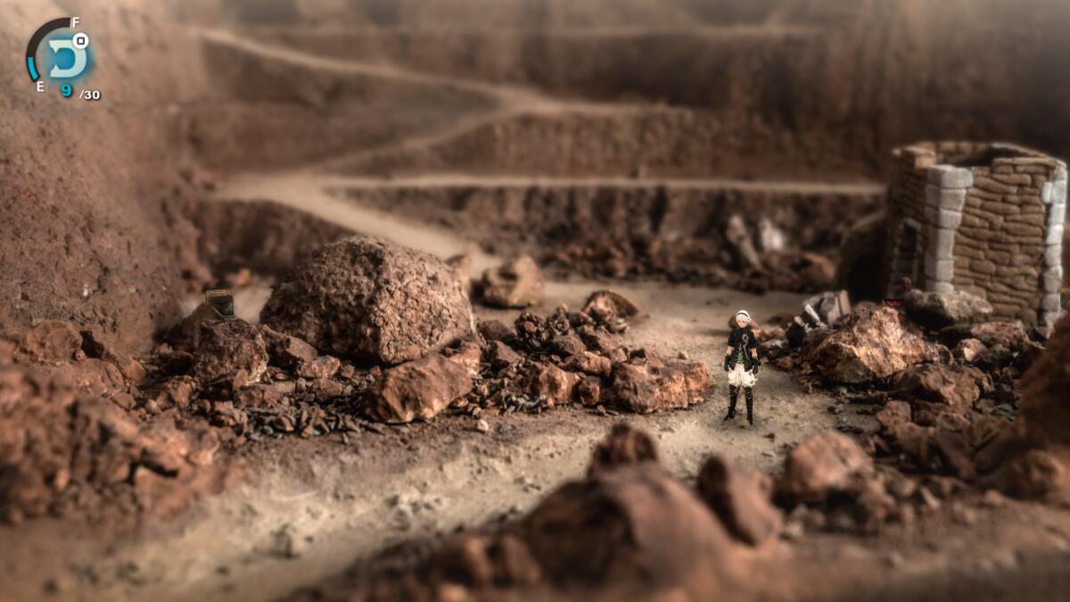 An animated figure walks on a realistic path surrounded by rocks.