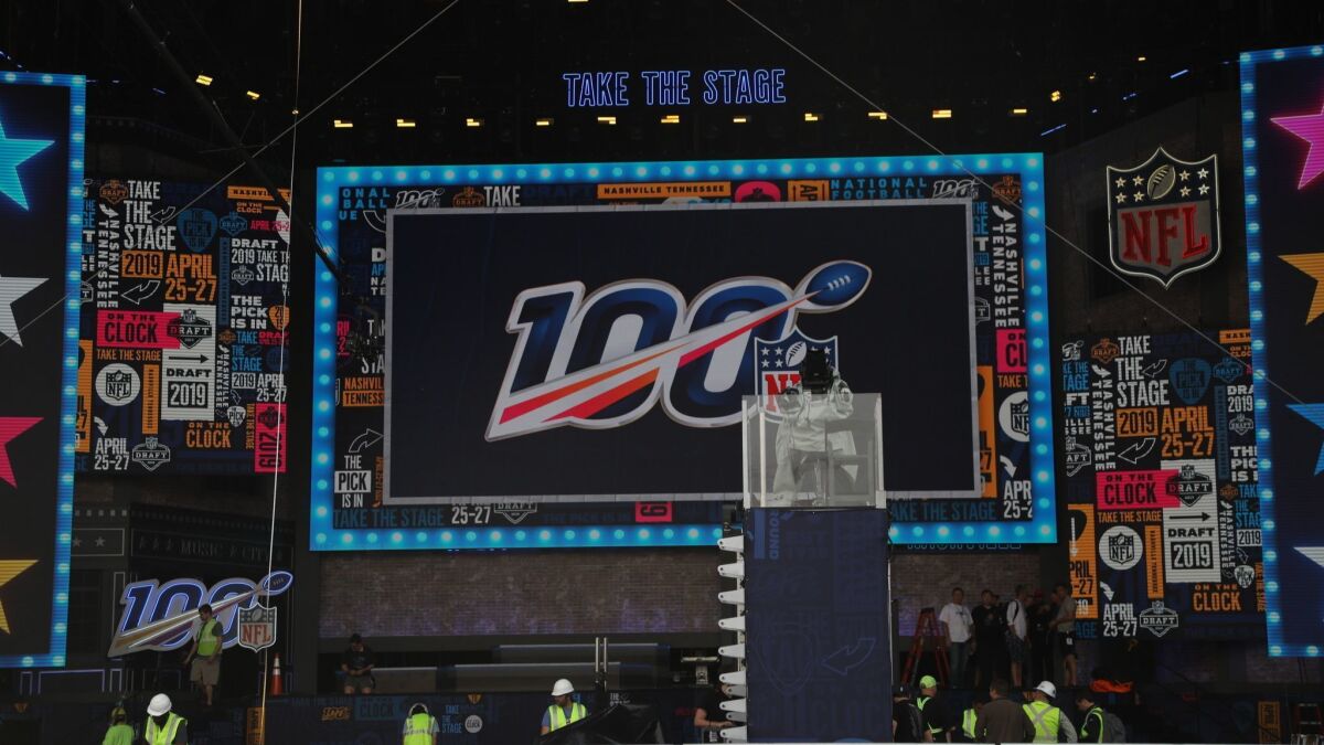 Crews set up stage for NFL draft on Tuesday, April 23, 2019 in Nashville.