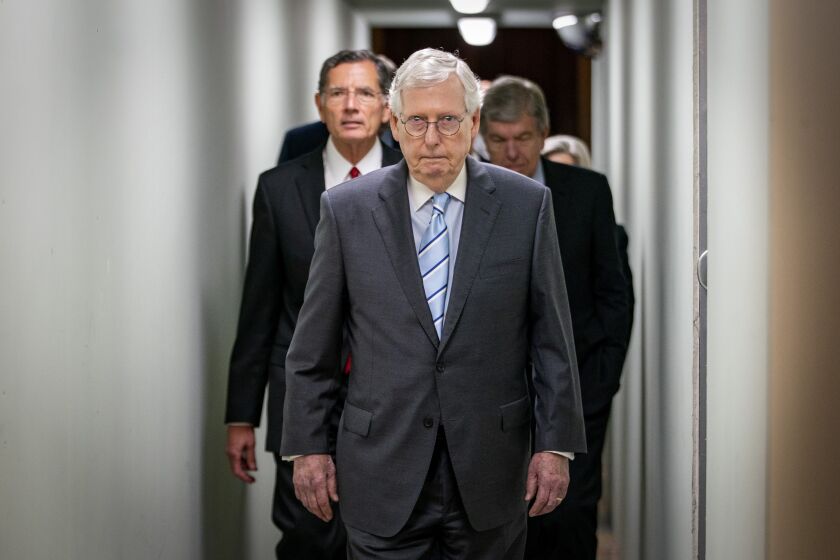 FILE - Senate Minority Leader Mitch McConnell, of Ky., arrives to speak to reporters Sept. 7, 2022, ahead of a news conference on Capitol Hill in Washington. As the midterm campaign speeds into its final full month, leading Republicans believe the Senate majority remains firmly within their reach. Democratic strategists privately concede that the GOP’s mounting challenges may not be enough to overcome their own shortcomings. (AP Photo/Jacquelyn Martin, File)