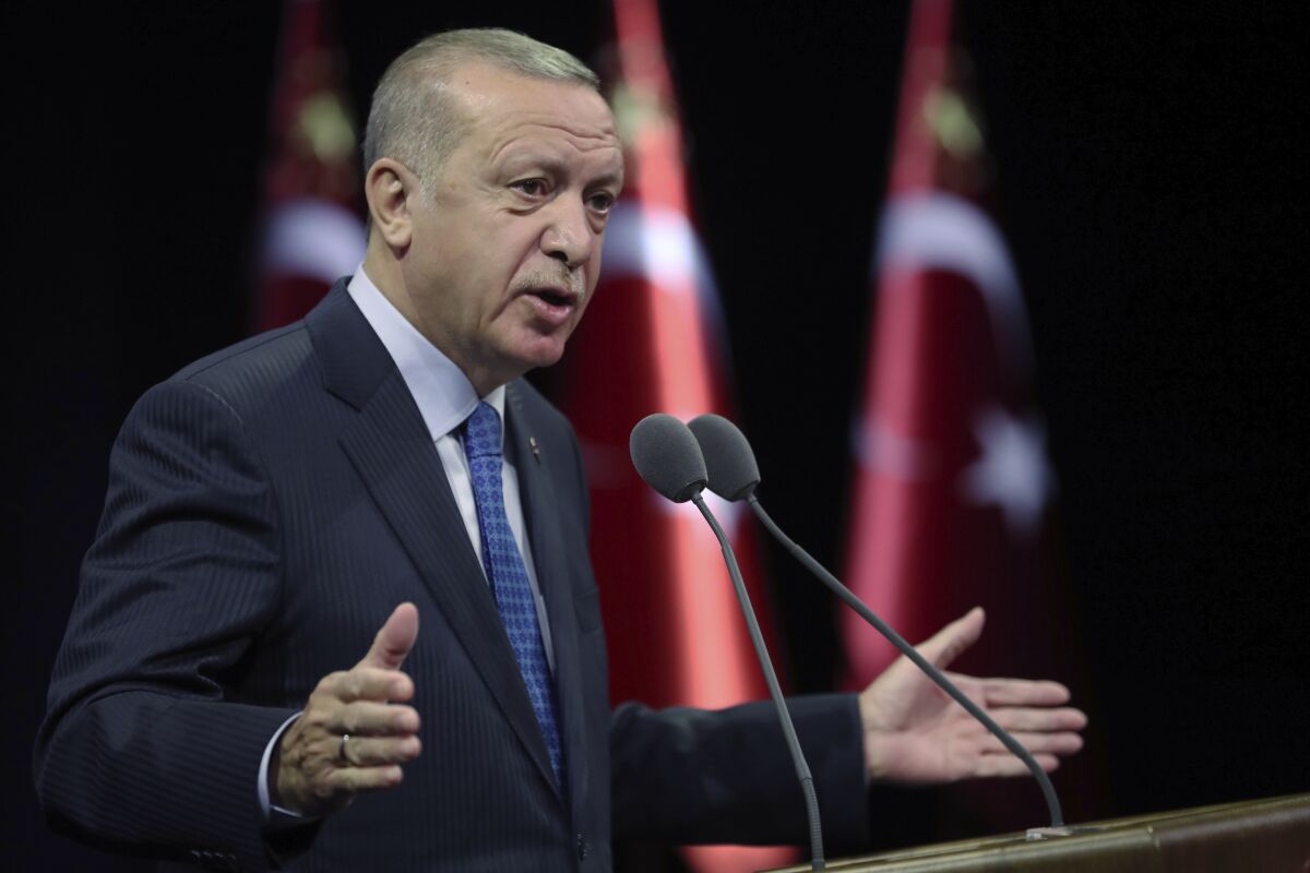 Turkish President Recep Tayyip Erdogan speaks at a meeting Sept. 1 in Ankara.