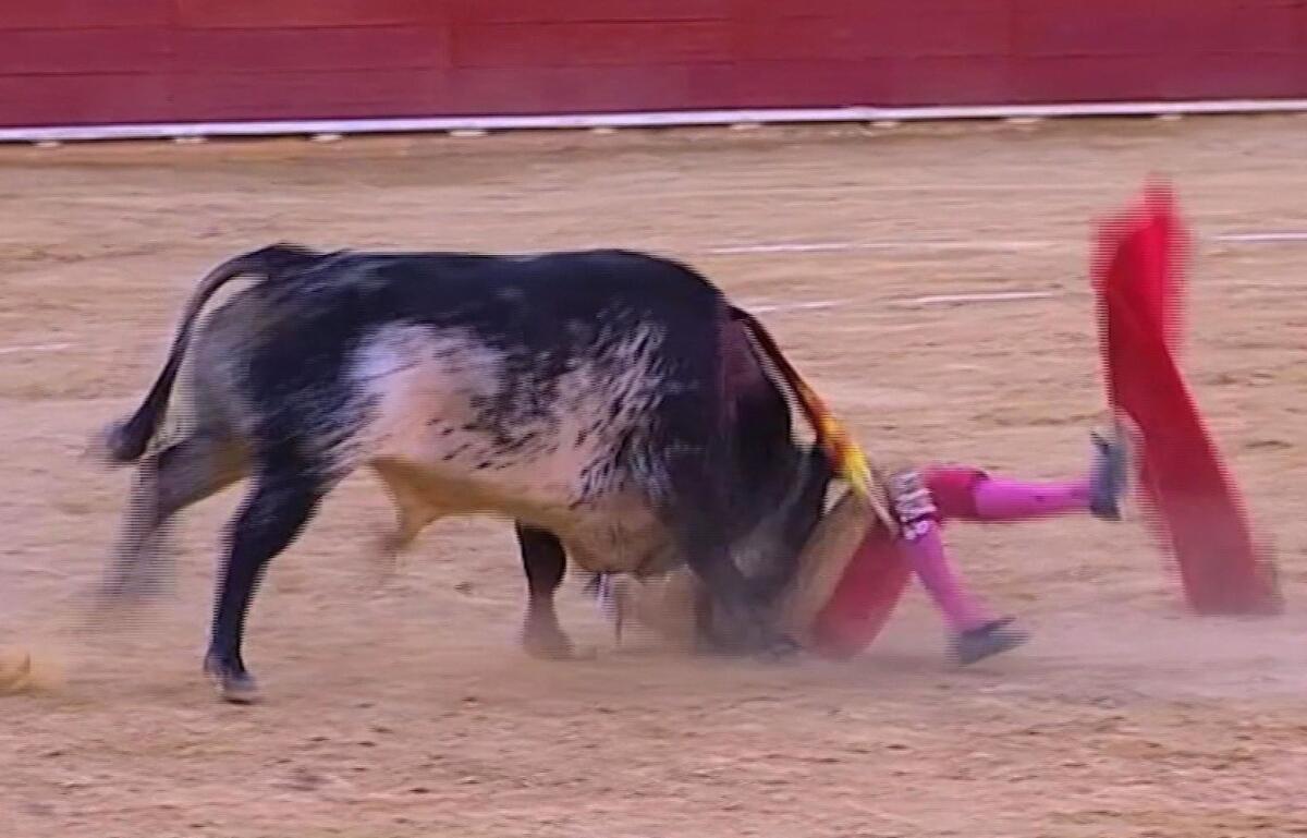 Esta imagen tomada de Castilla La Mancha TV muestra al matador Víctor Barrio al ser corneado por un toro en la plaza de Teruel, 9 de julio de 2016. Barrio, de 29 años, es el primer torero muerto en la arena en más de 30 años. (Castilla La Mancha TV via AP)