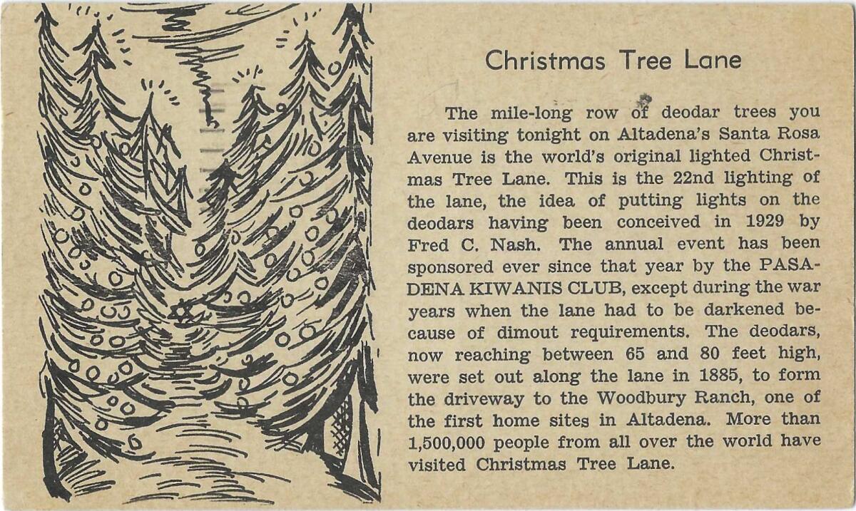 A drawing shows Altadena's Christmas Tree Lane, and text explains the Christmastime tradition.