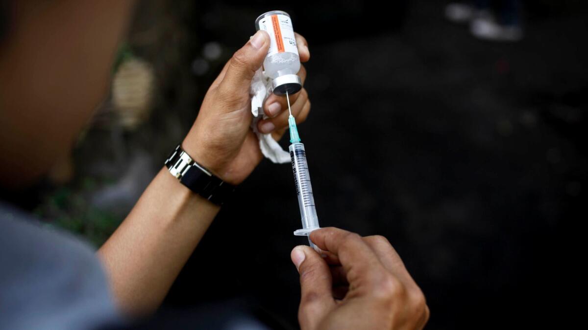 An animal welfare worker prepares a vaccination during a 2010 outbreak of rabies in District Karangasem, Bali, Indonesia.