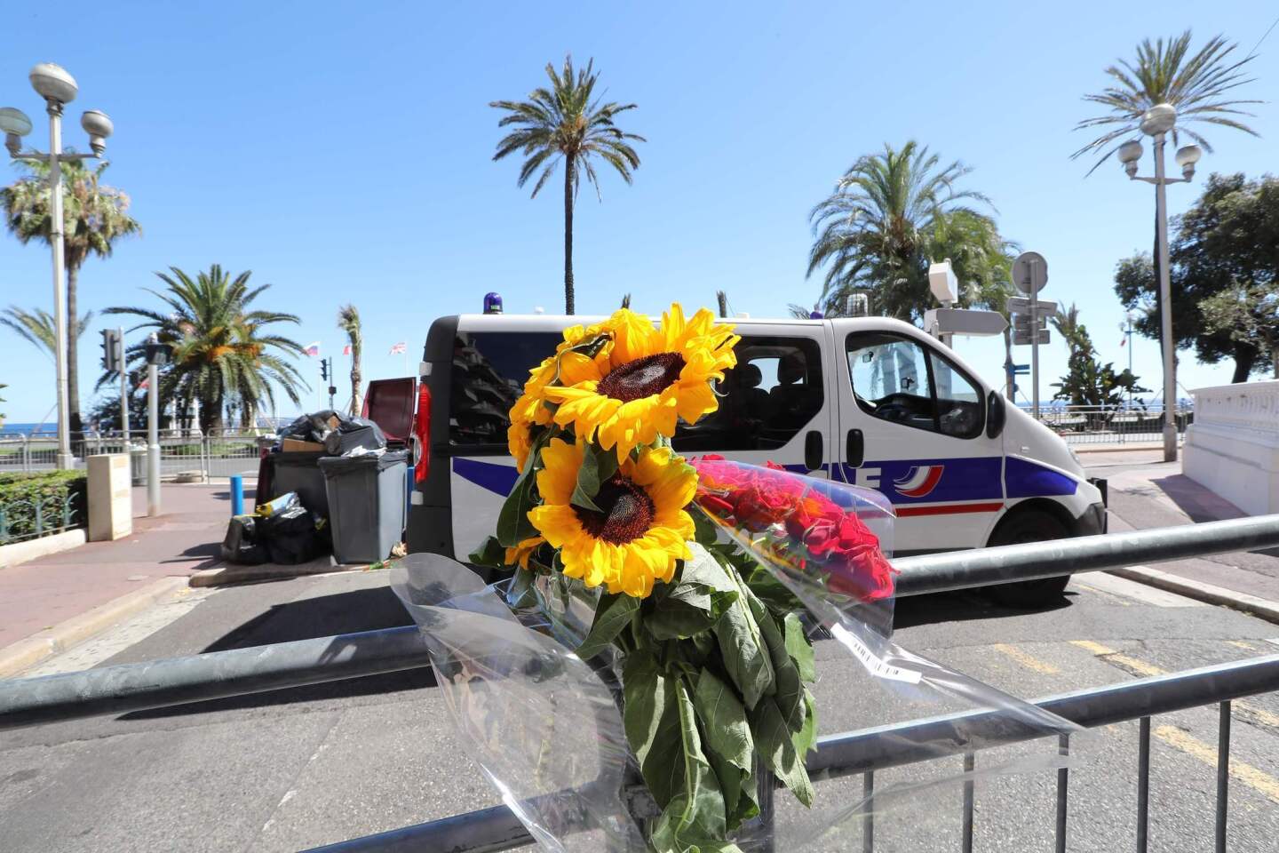 Flowers placed near the site of the deadly attack on the Promenade des Anglais seafront in the French Riviera city of Nice.