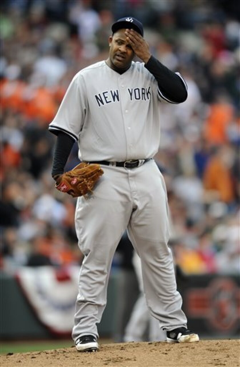 New York Yankees starting pitcher CC Sabathia pauses in between pitches during the fifth inning of the opening day baseball against the Baltimore Orioles at Camden Yards in Baltimore, Monday, April 6, 2009. (AP Photo/Gail Burton)