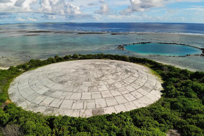 RUINIT, MARSHALL ISLANDS--MAY 27, 2019--The U.S. Department of Energy has disclosed high levels of radiation in giant clams in a lagoon near the Runit Dome, where the U.S. entombed radioactive waste from U.S. nuclear testing in the Marshall Islands almost four decade ago. (Carolyn Cole/Los Angeles Times)