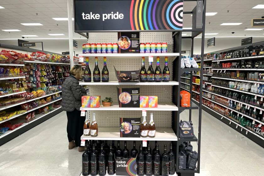 Daly City, California-May 2023-Target's Pride month merchandise was front and center at the store, but in response to customer complaints about "grooming," some Targets have removed some Pride merchandise from shelves or moved the displays to the back of the store. (Robin Abcarian / Los Angeles Times)
