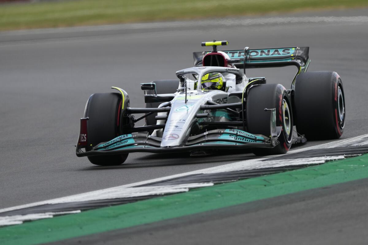 Mercedes driver Lewis Hamilton of Britain steers his car during the first free practice at the Silverstone circuit, in Silverstone, England, Friday, July 1, 2022. The British F1 Grand Prix is held on Sunday July 3, 2022. (AP Photo/Frank Augstein)