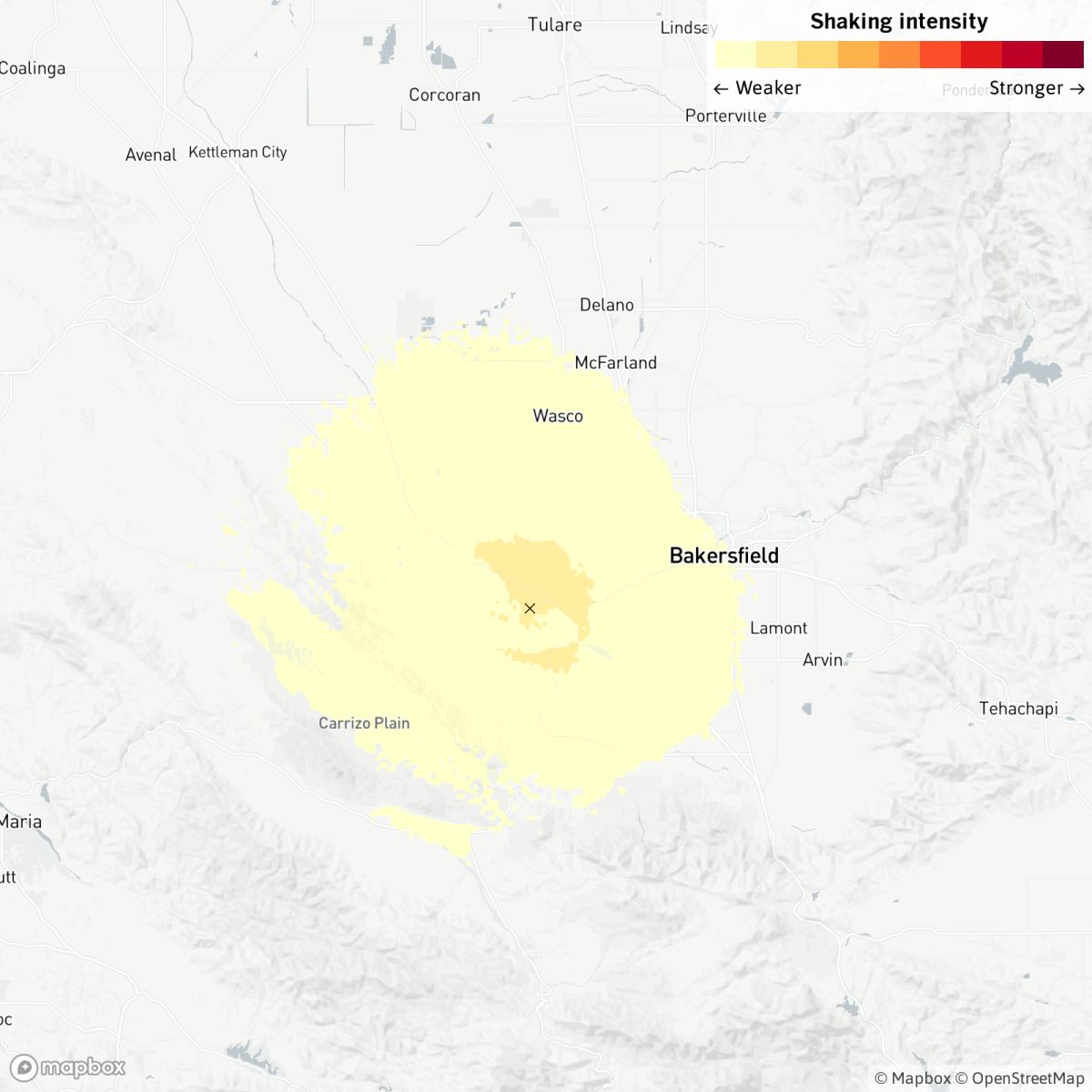 Map showing the location of a magnitude 3.8 earthquake near Bakersfield