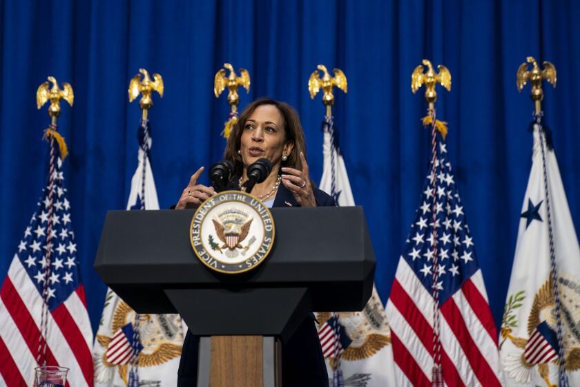 SAN FRANCISCO, CA - APRIL 21: Vice President Kamala Harris delivers remarks following a visit with expecting families and caregivers at UCSF Mission Bay on April 21, 2022 in San Francisco, CA. (Kent Nishimura / Los Angeles Times)