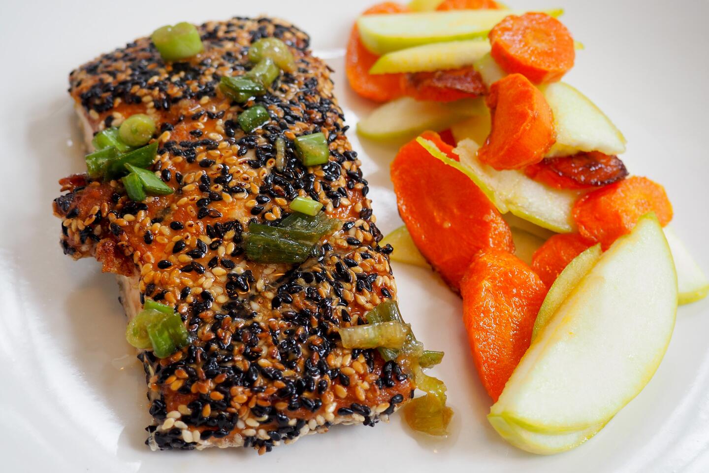 The Sun Basket sesame salmon with scallion ginger sauce and roasted carrot and apple salad
