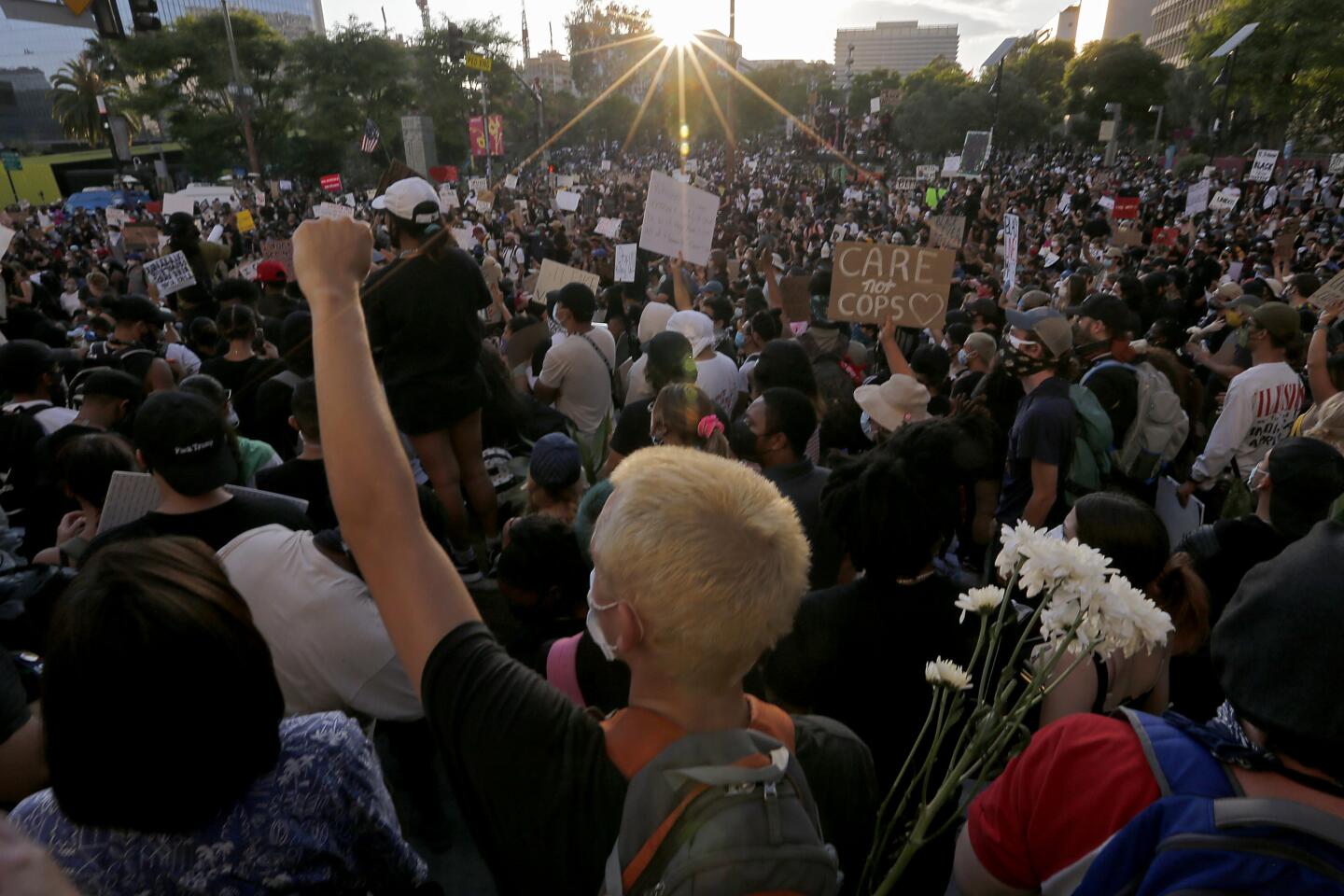 Protesters gather at the Los Angeles Civic Center to demonstrate in solidarity