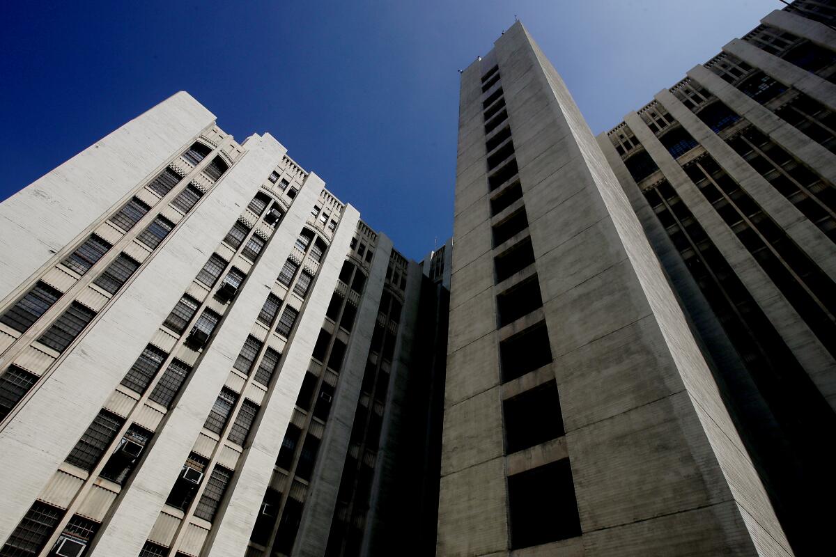 Exterior of the Los Angeles County General Hospital, an iconic Art Deco building in Boyle Heights 