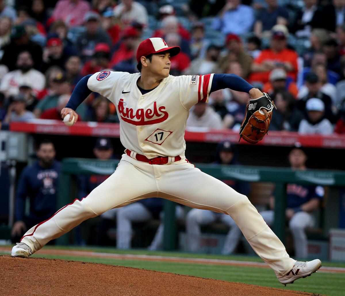 Angels starting pitcher Shohei Ohtani delivers against the Astros on May 9, 2023.