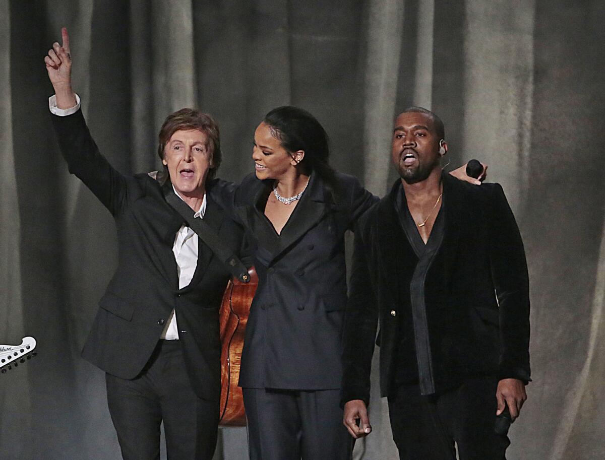 McCartney performs with Rihanna and Kanye West at the 2015 Grammys.
