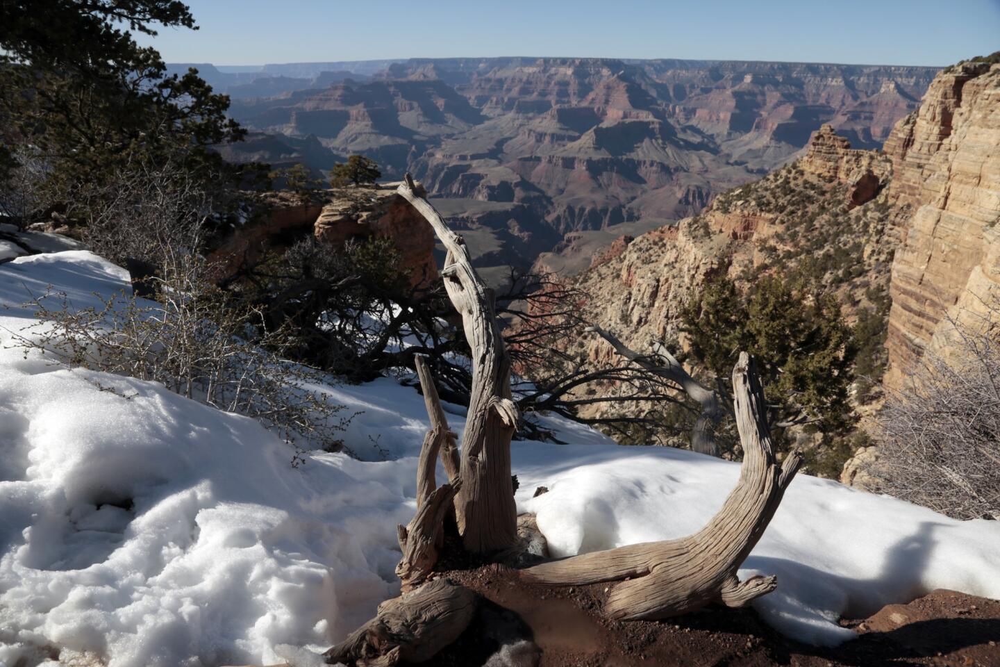 Snow and ice still cover areas near the South Kaibab Trail in the Grand Canyon on March 10, 2015.