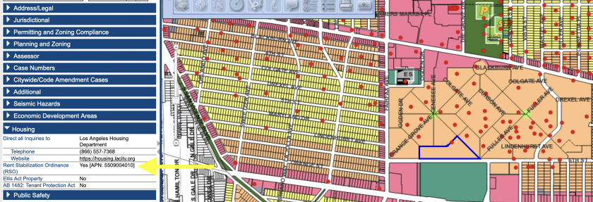 A screen shot from Los Angeles' zimas.lacity.org website shows results for an apartment in the Park La Brea complex.