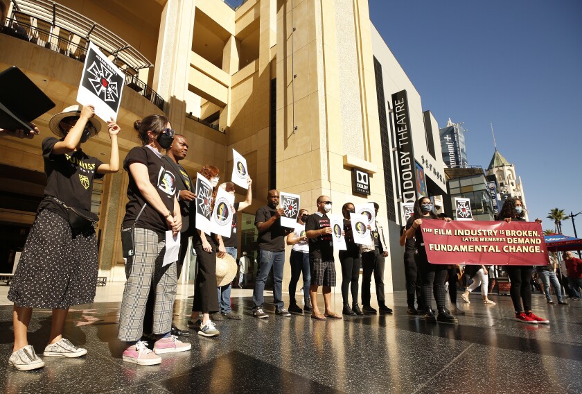 IATSE members during a press conference outside the Dolby Theatre in Hollywood