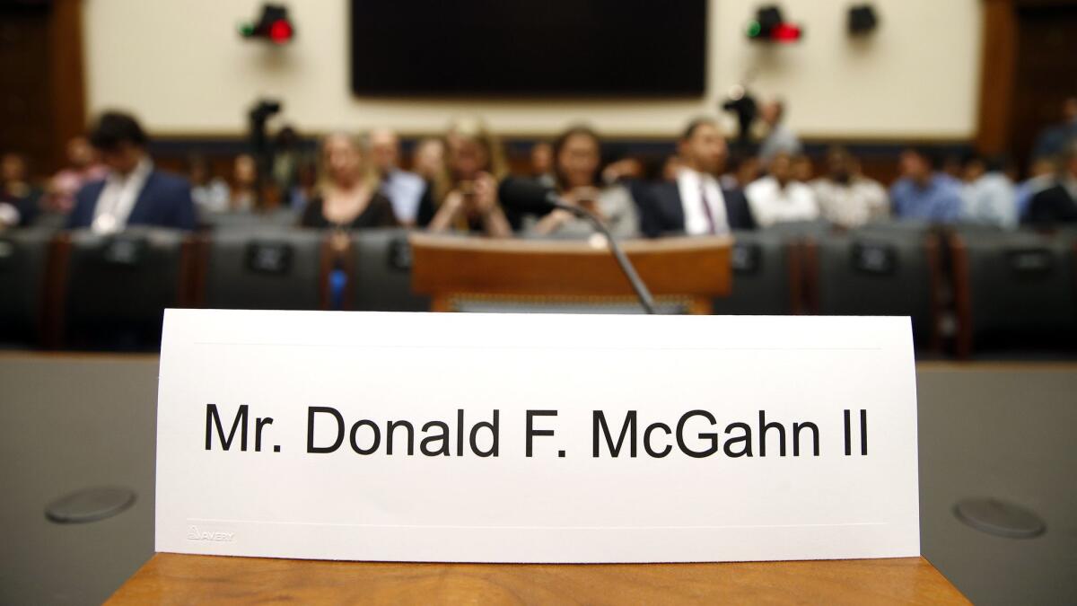 A name placard for former White House Counsel Donald McGahn, who did not appear at a House Judiciary Committee hearing May 21.