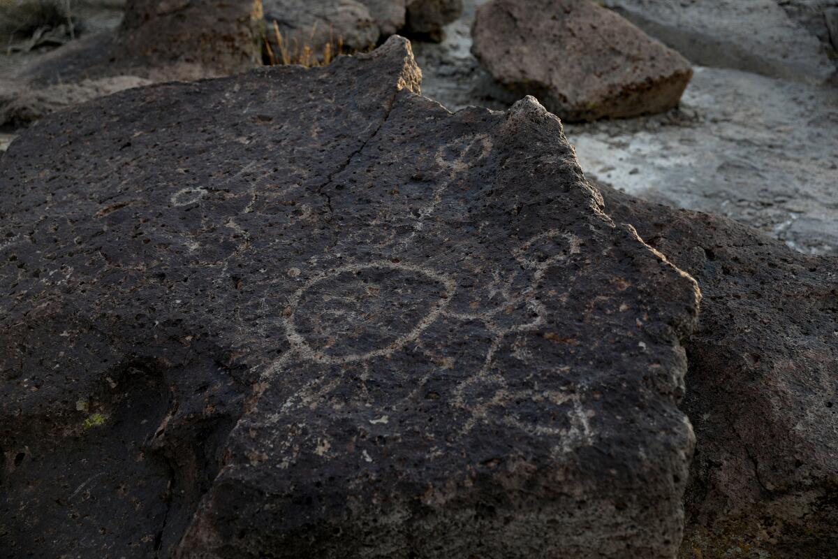 Symbols chiseled into the rocks of the Fish Slough Petroglyphs site near Bishop, Calif. 