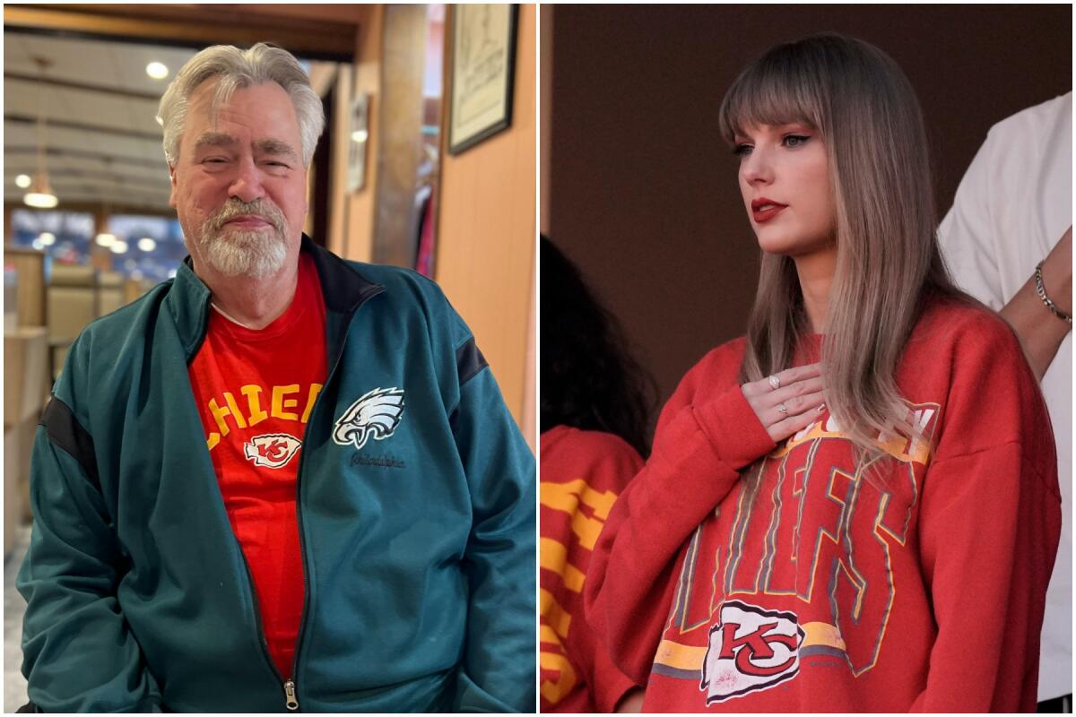 Photos of Ed Kelce in a green jacket over a red shirt and Taylor Swift in a Chiefs sweatshirt with a hand to her chest