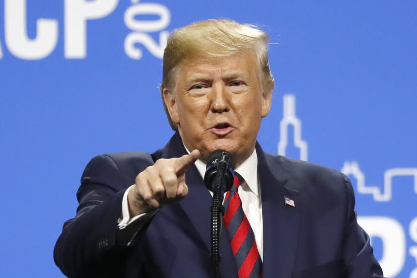 President Donald Trump speaks at the International Association of Chiefs of Police Convention Monday, Oct. 28, 2019, in Chicago. (AP Photo/Charles Rex Arbogast)